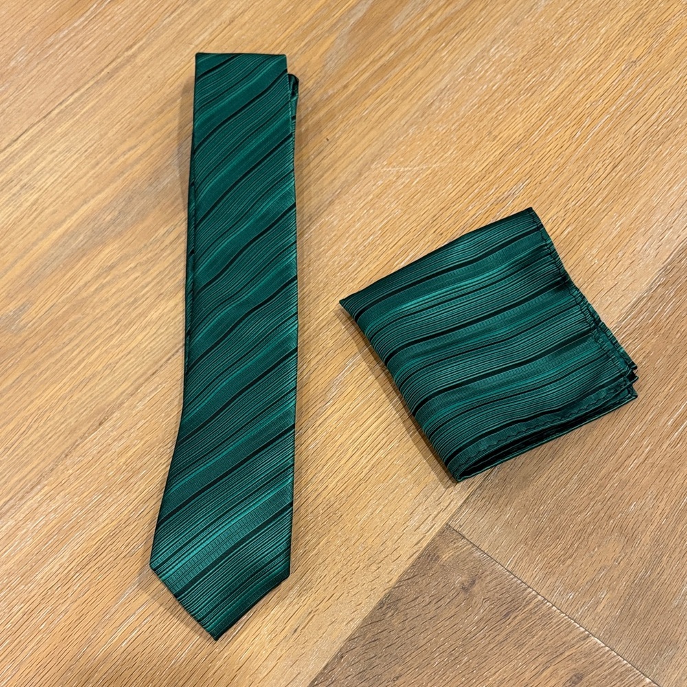 Classic Green Striped Tie and Pocket Square Set